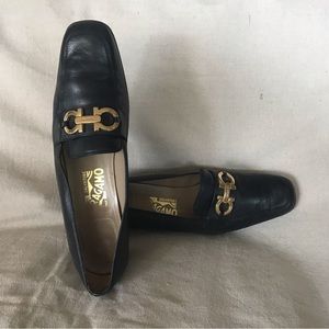 Vintage Salvatore Ferragamo Navy Leather Flats / Loafers, Size 9N